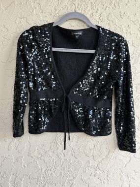 Bebe 100% Black Sequin Silk Open Cropped Women's Jacket / Cardigan Size Medium
